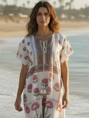 NWT Bella Tu Floral Cap Sleeve Kaftan Dress White Pink Size XL